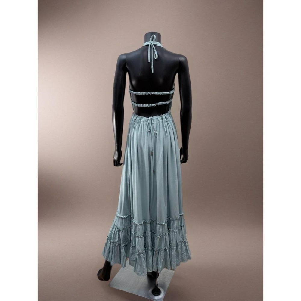 R.Vivimos NWOT Boho Maxi Dress‎ Smocked Halter Backless Tiered Blue Size S